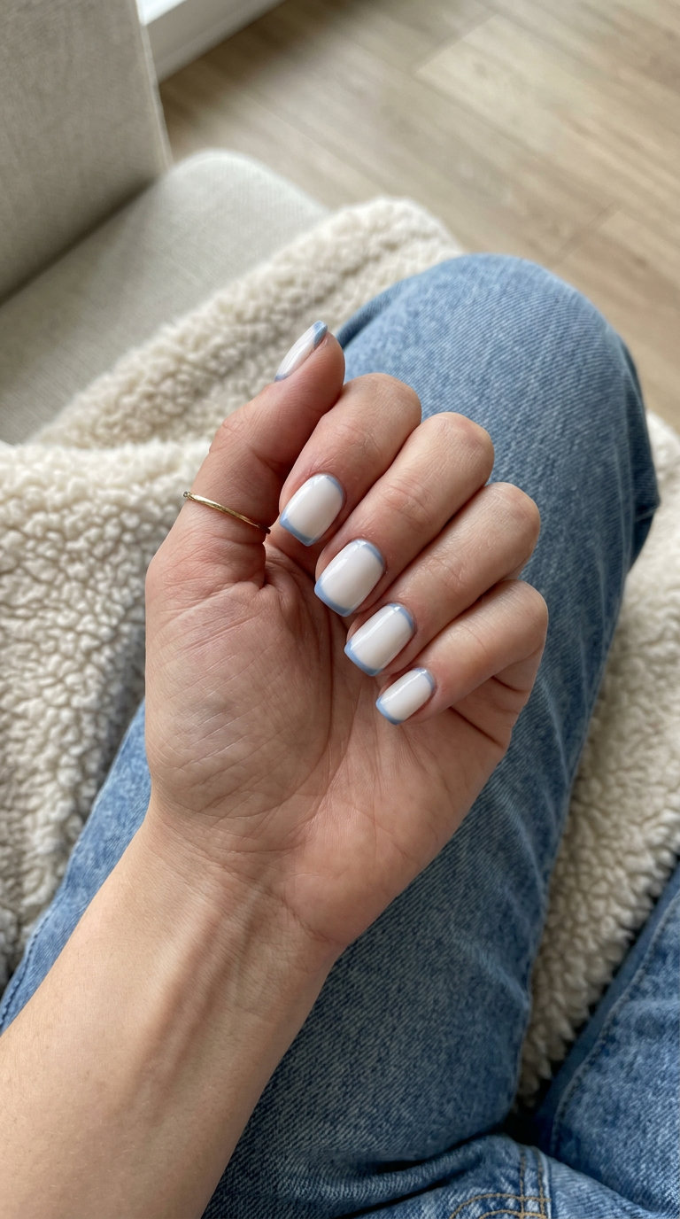 Subtle 4th of July nails 2026: Short square nails with milky white and soft blue reverse French tips.