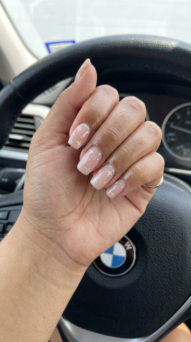 Elegant 4th of July nails 2026: Short almond nails with sheer nude and white glitter stars.