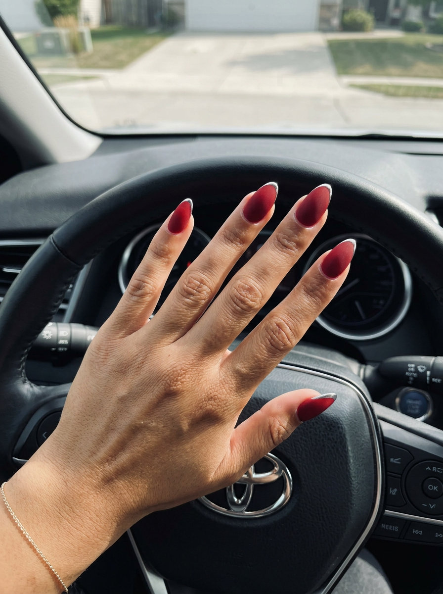 Velvet Americana chic nails with silver micro-French tip for 4th of July nails 2026.