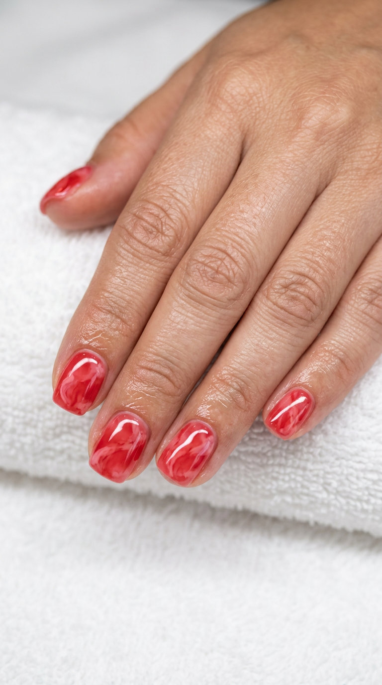 Watermelon slice marble squoval nails for 4th of July nails 2026. Playful, refreshing vacation look.