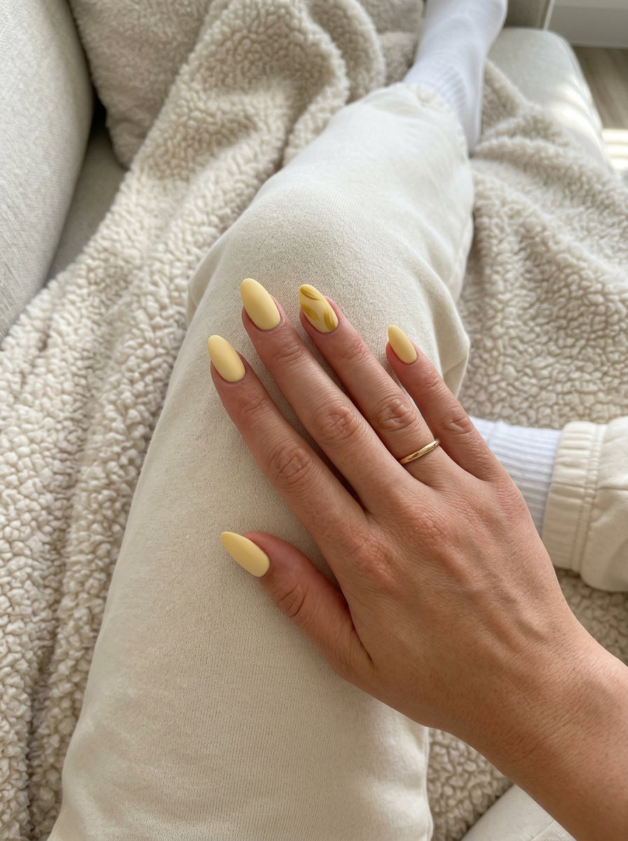 Almond summer nails 2026 for fair skin: Matte butter yellow with abstract strokes for casual festival style.