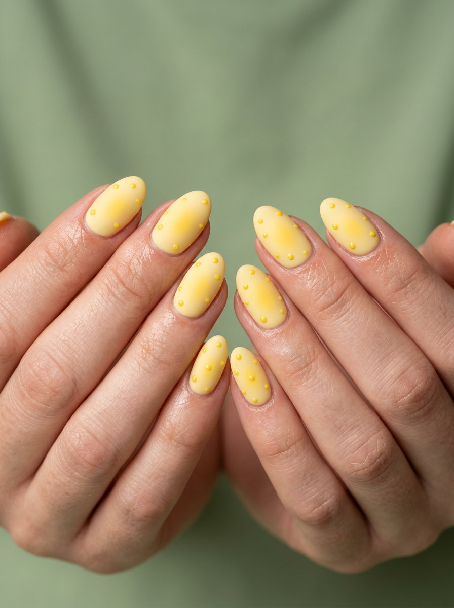 Almond summer nails 2026 for fair skin: Matte butter yellow with aura dots for playful vacation style.