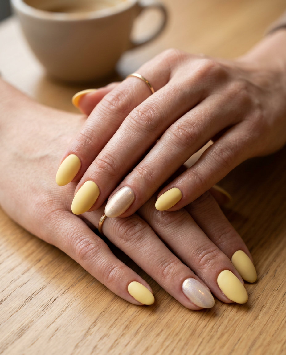 Almond summer nails 2026 for fair skin: Matte butter yellow with shimmer chrome accent. Fun for festivals.