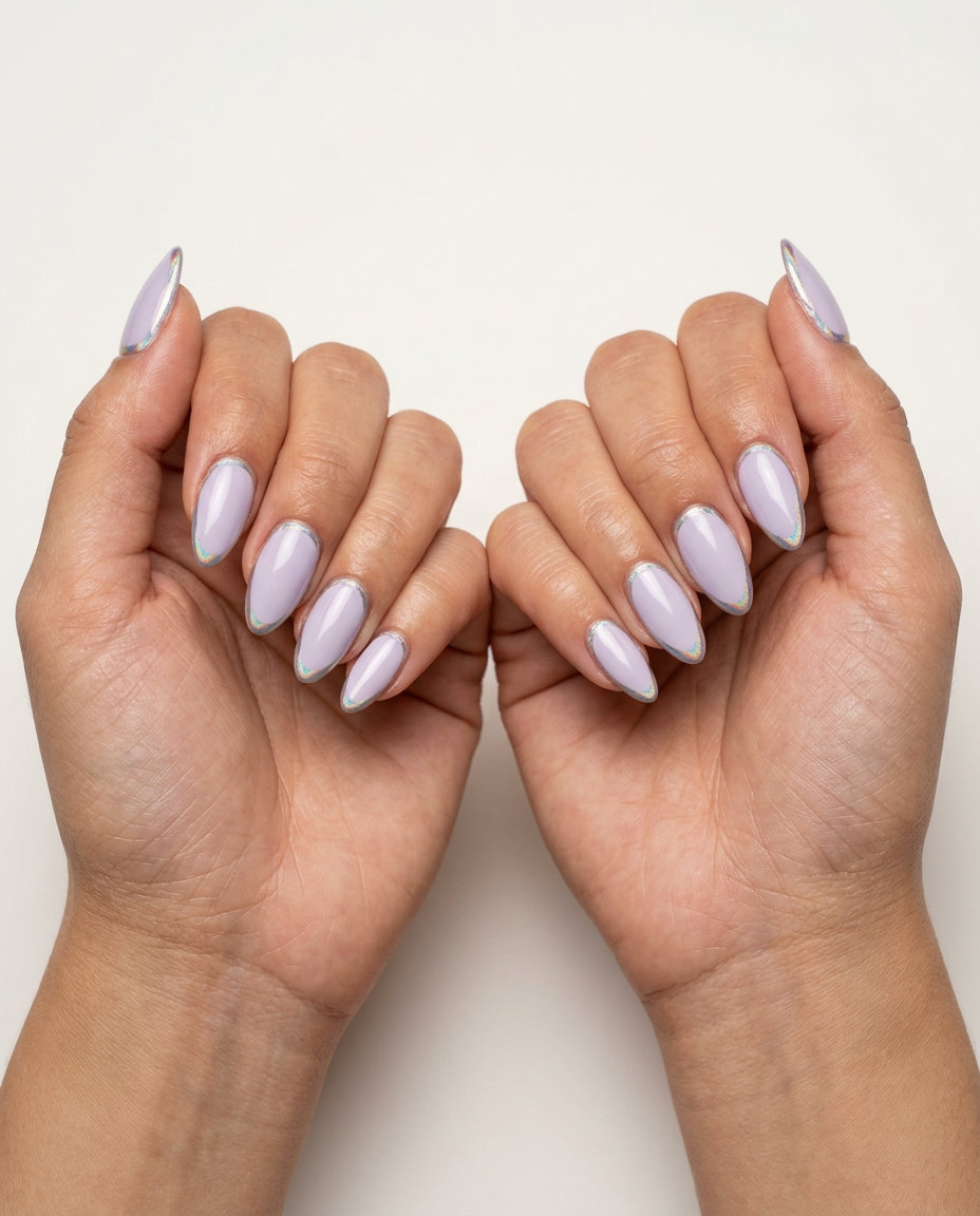 Holographic lavender lines almond nails 2026 for fair skin, perfect for date night and edgy evening looks.