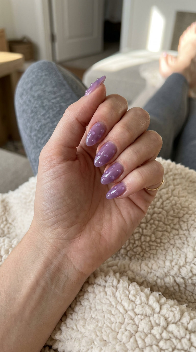 Jelly lavender glazed dots almond nails 2026 for fair skin, perfect for whimsical summer vacations and parties.