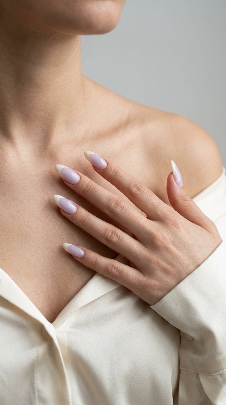 Almond summer nails 2026 for fair skin: Milky lavender French tip with creamy white. Clean girl aesthetic.