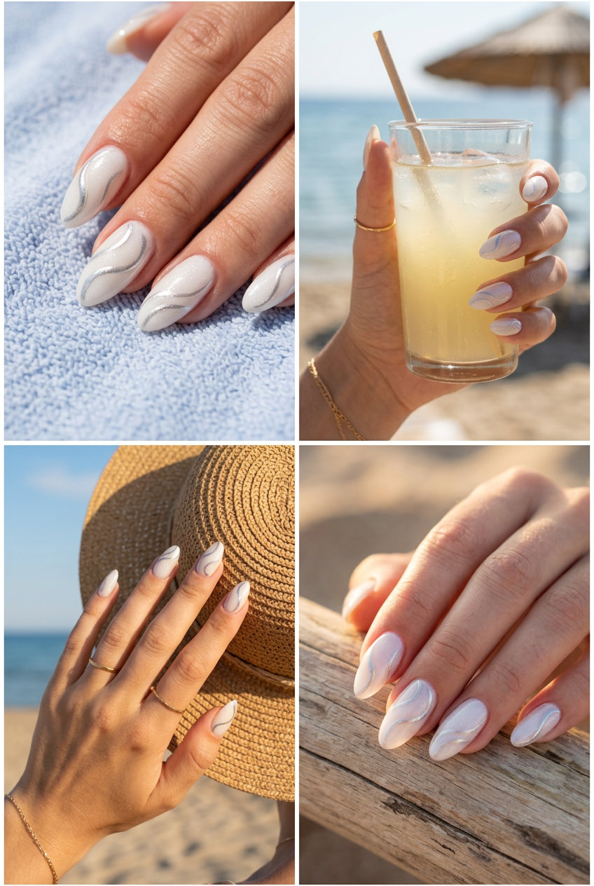 Almond summer nails 2026 for fair skin: Milky white subtle shimmer swirls. Minimalist glam for date night.