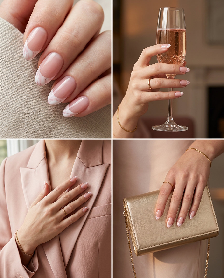 Sheer pink marble French almond nails 2026 for fair skin, ideal for formal events and sophisticated daily chic.