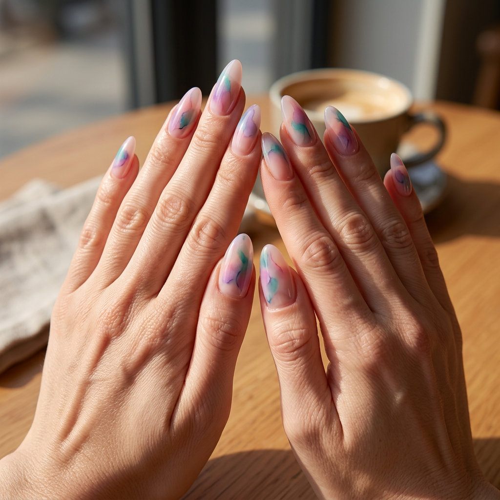 Almond summer nails 2026 for fair skin: Sheer pink abstract watercolor. Bohemian festival style.
