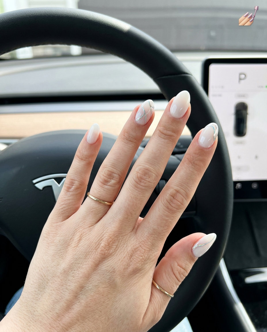 Almond summer nails 2026 for fair skin: Milky white with subtle chrome lines for minimalist office style.