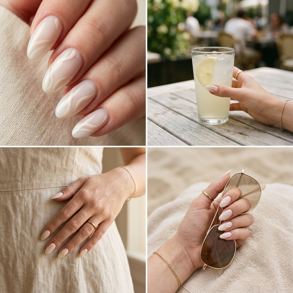 Milky white abstract swirl almond nails 2026 for fair skin. Sophisticated, minimalist work-appropriate gel manicure.