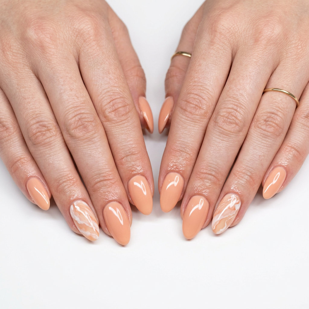 Soft peach marble accent almond nails 2026 for fair skin. Elegant garden party manicure with refined marbling.