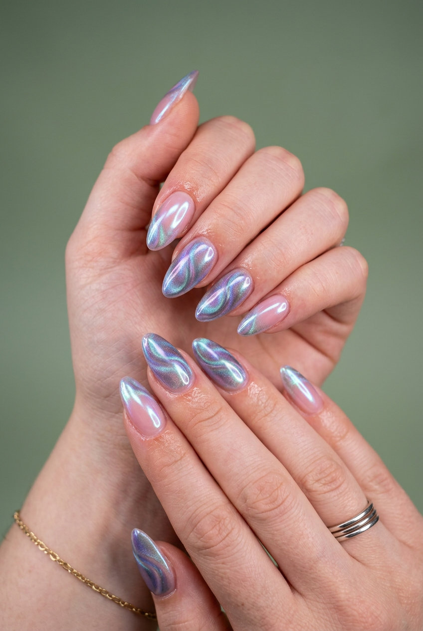 Sheer pink cat-eye swirl almond nails 2026 for fair skin. Glamorous party manicure with mesmerizing blue-purple shift.