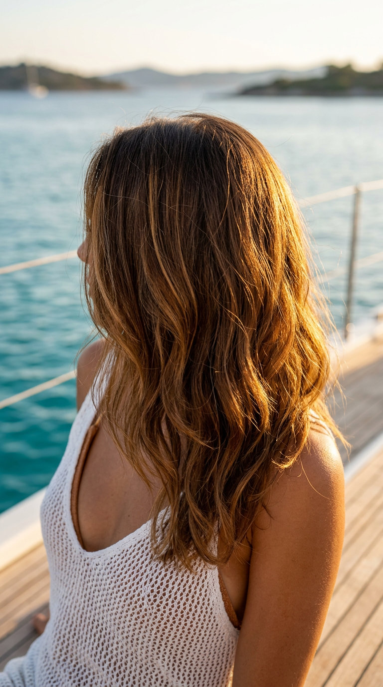 Boho Coastal Hairstyle 2026: Amber Brown & Babylights long layered hairstyle warm amber brown, caramel babylights, soft face-framing layers — romantic bohemian