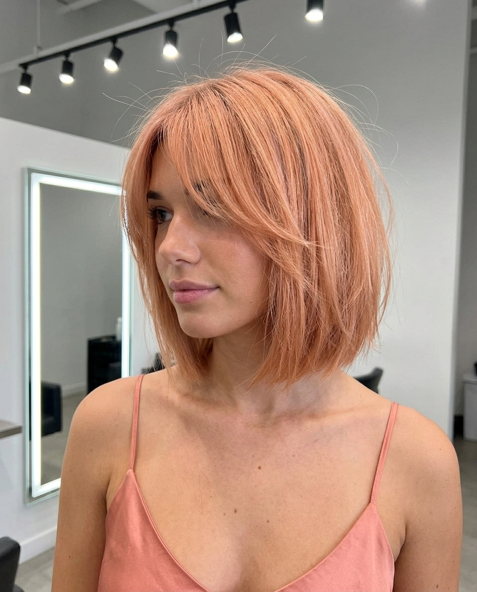 Apricot Crush Textured Bob 2026 chin-length choppy bob in pastel apricot, peach & soft copper undertones, point-cut layers, wispy curtain bangs for music festival