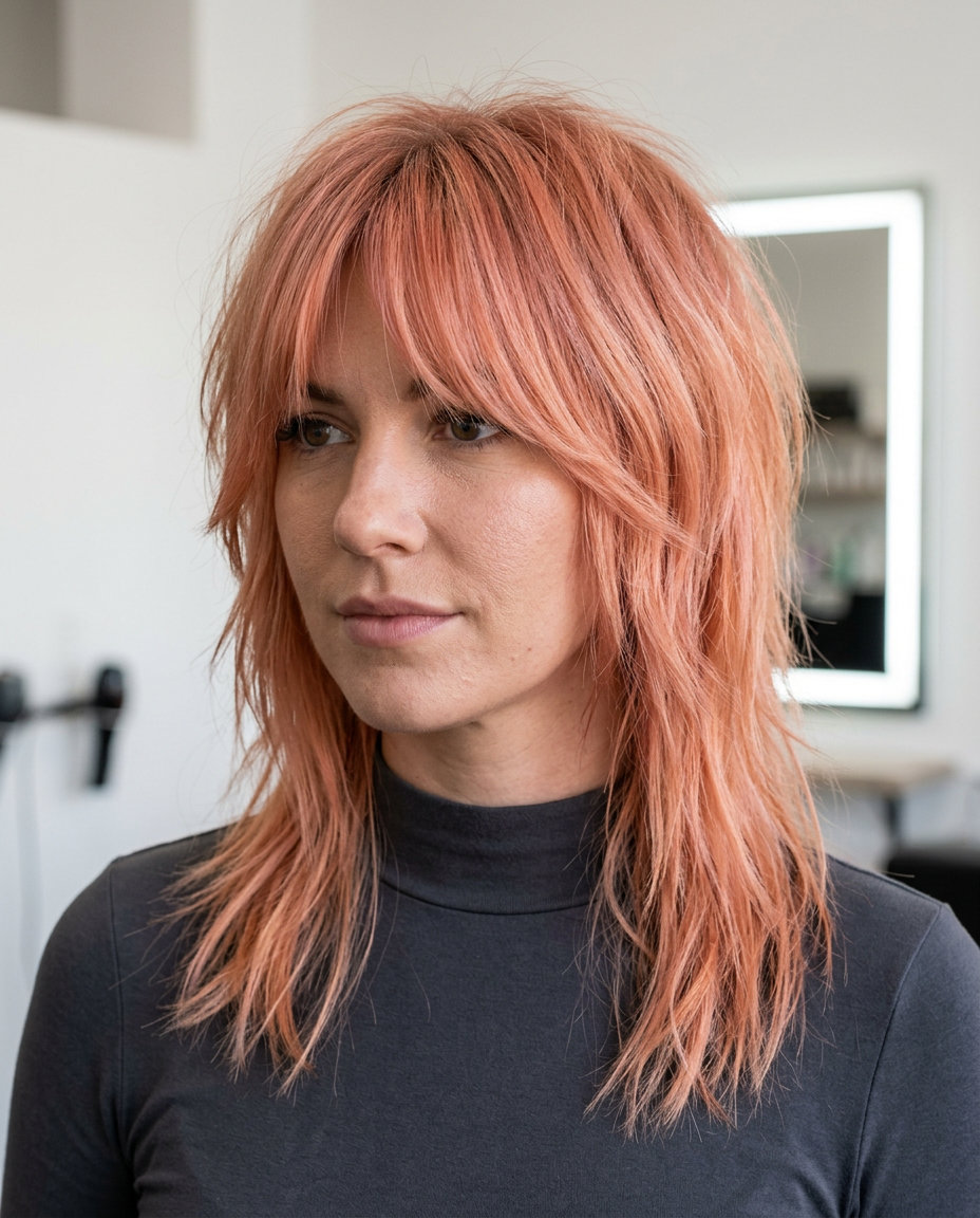 collarbone-length shag haircut with vibrant apricot crush, choppy layers, heavy curtain fringe — bold bohemian