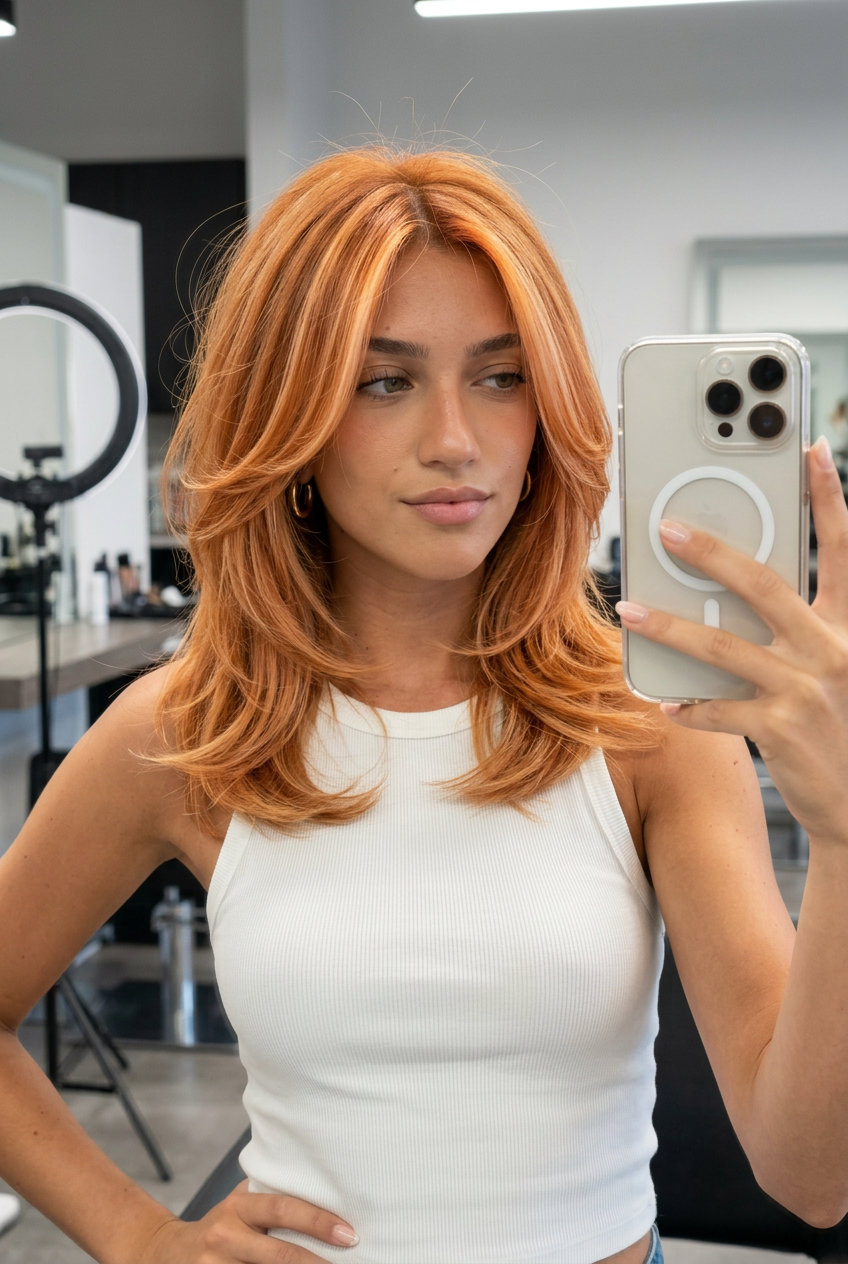 Apricot Copper Kitty Cut: Layered Summer Haircut 2026 medium layered haircut in apricot copper with strawberry blonde highlights, face-framing layers — bold summer evening