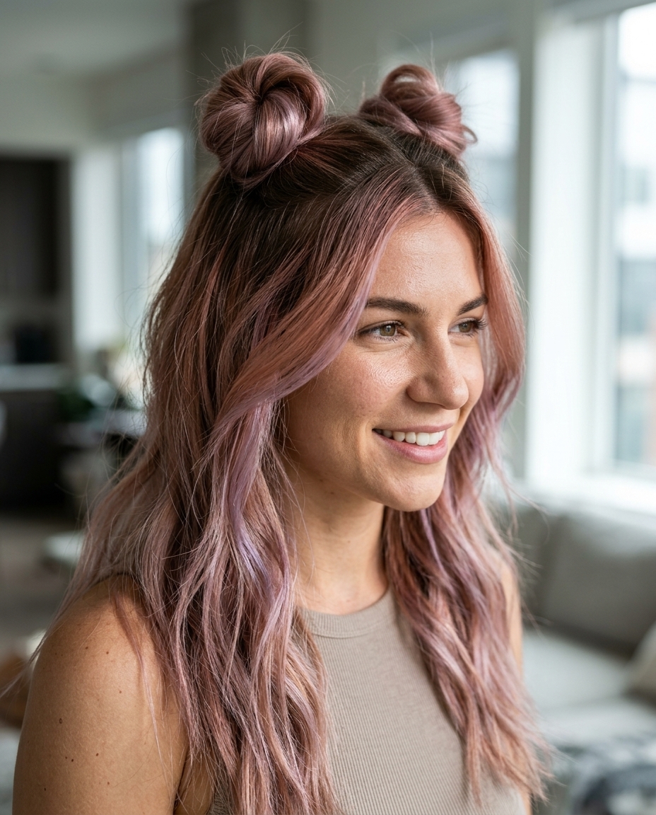 vibrant apricot crush half-up space buns with textured styling for summer