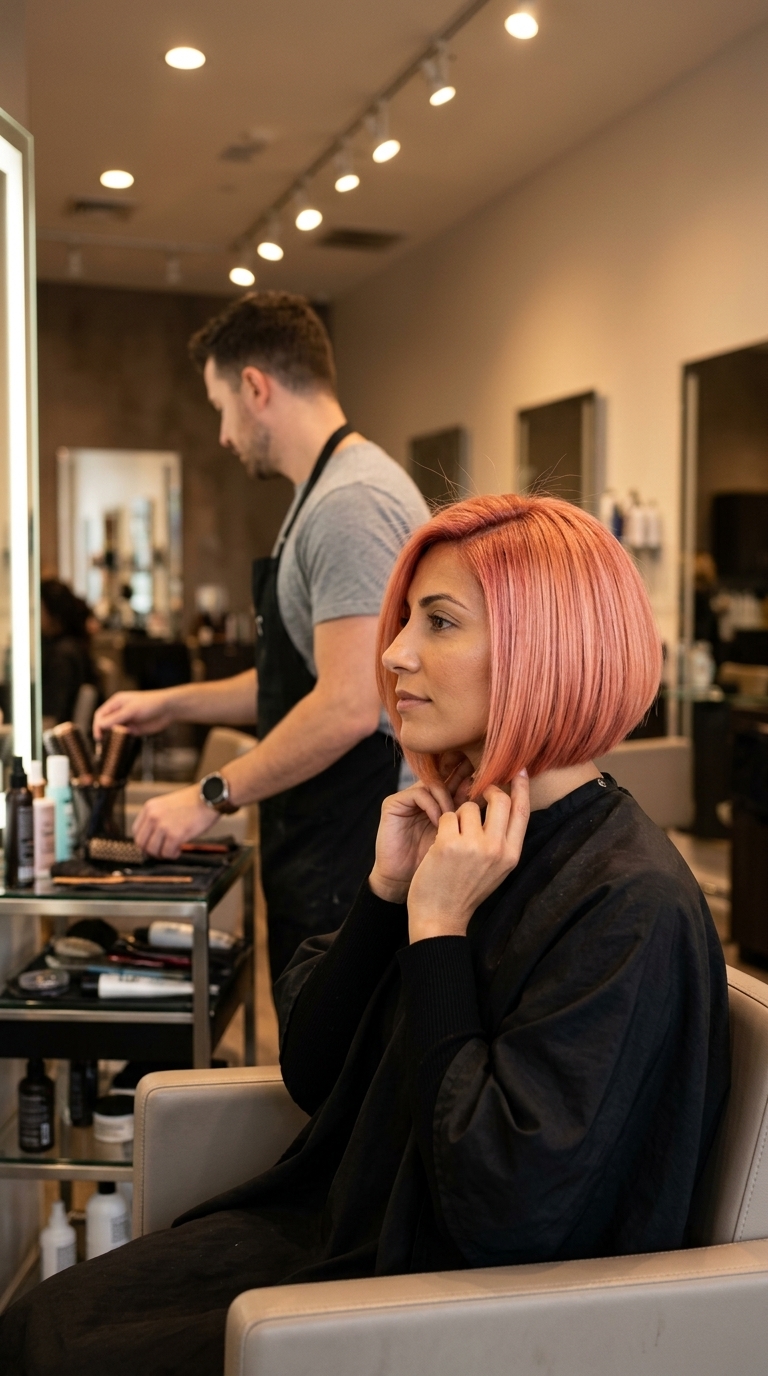 chin-length asymmetrical bob in apricot crush with blunt ends and deep side part for bold chic
