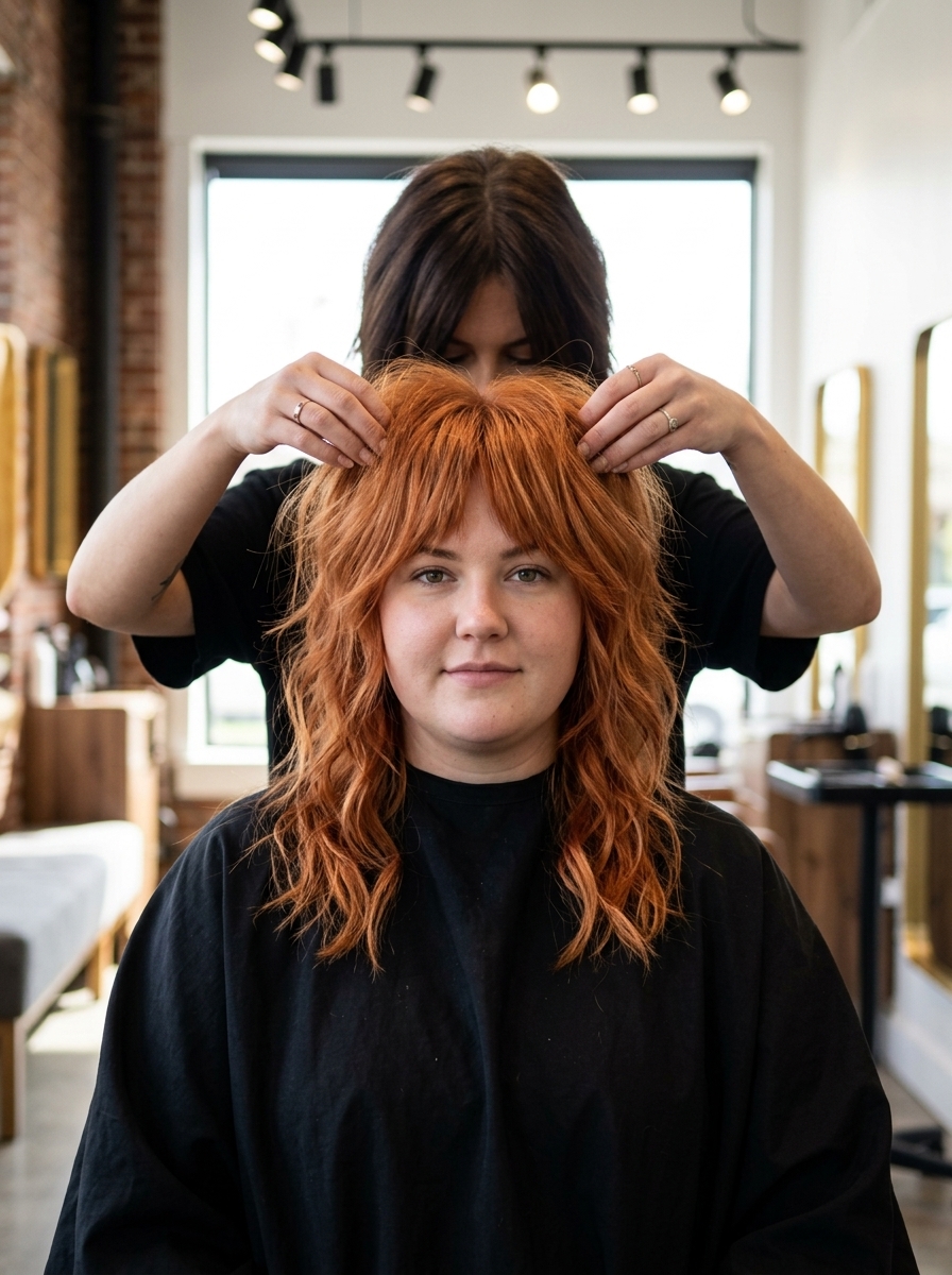 collarbone-length apricot crush shag with coppery undertones and piecey fringe for rebellion