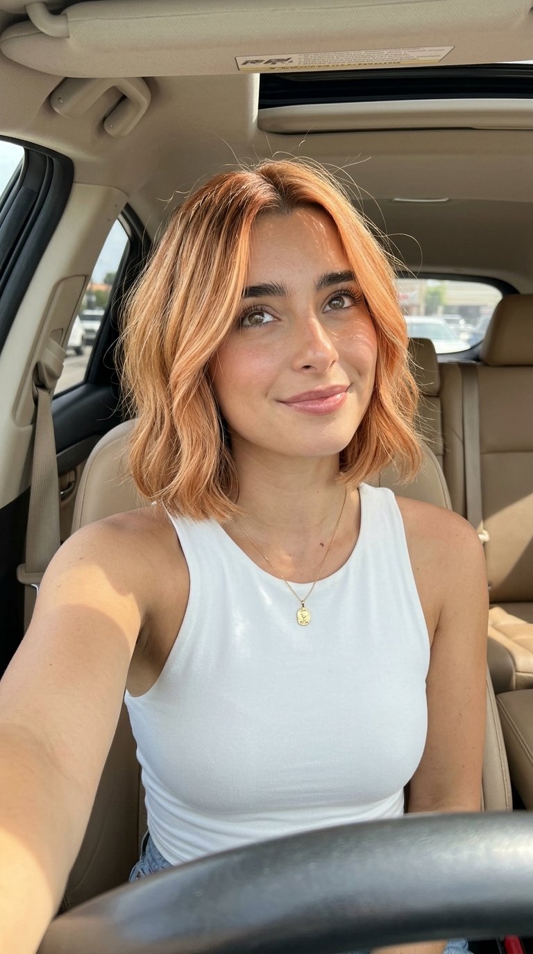 jaw-length bob haircut in apricot crush with copper-gold balayage for playful style