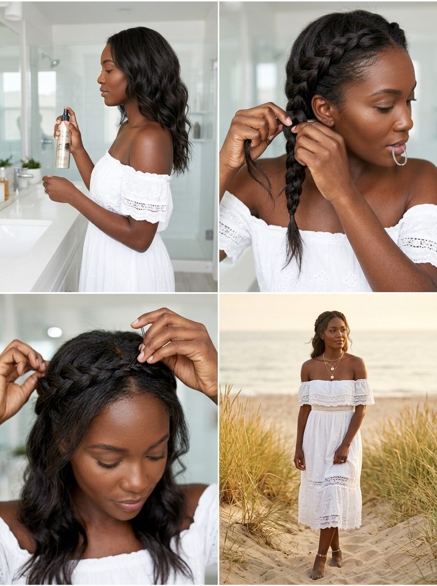 Boho Half-Up Crown 2026: Apricot Crush long braided crown with apricot crush color, loose braids, face-framing tendrils — bohemian summer hairstyle 2026