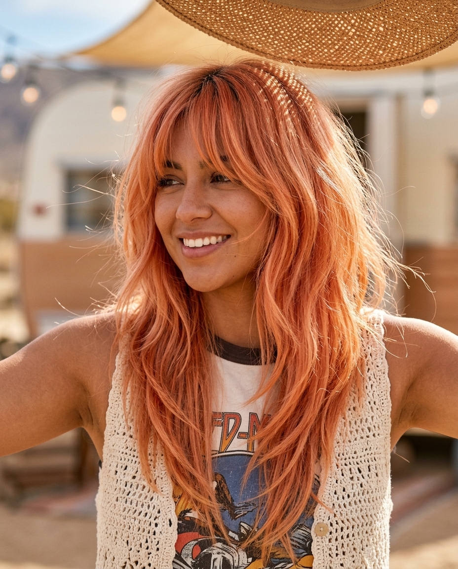 long layered haircut in apricot crush with strawberry blonde ribbons and Birkin bangs for festivals