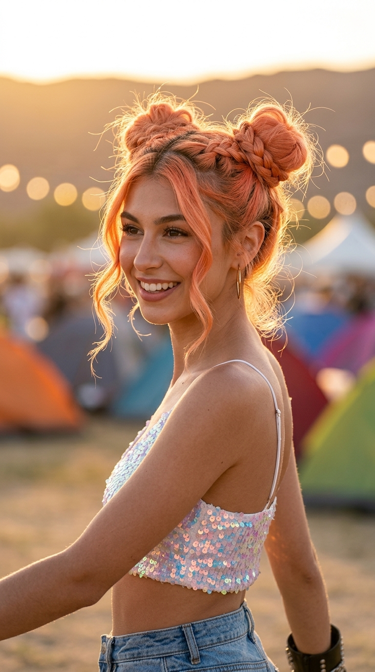 Bold Festival Braids: Apricot Crush 2026 long apricot crush hairstyle with deconstructed layers, face-framing pieces, and bold braided space buns for festival