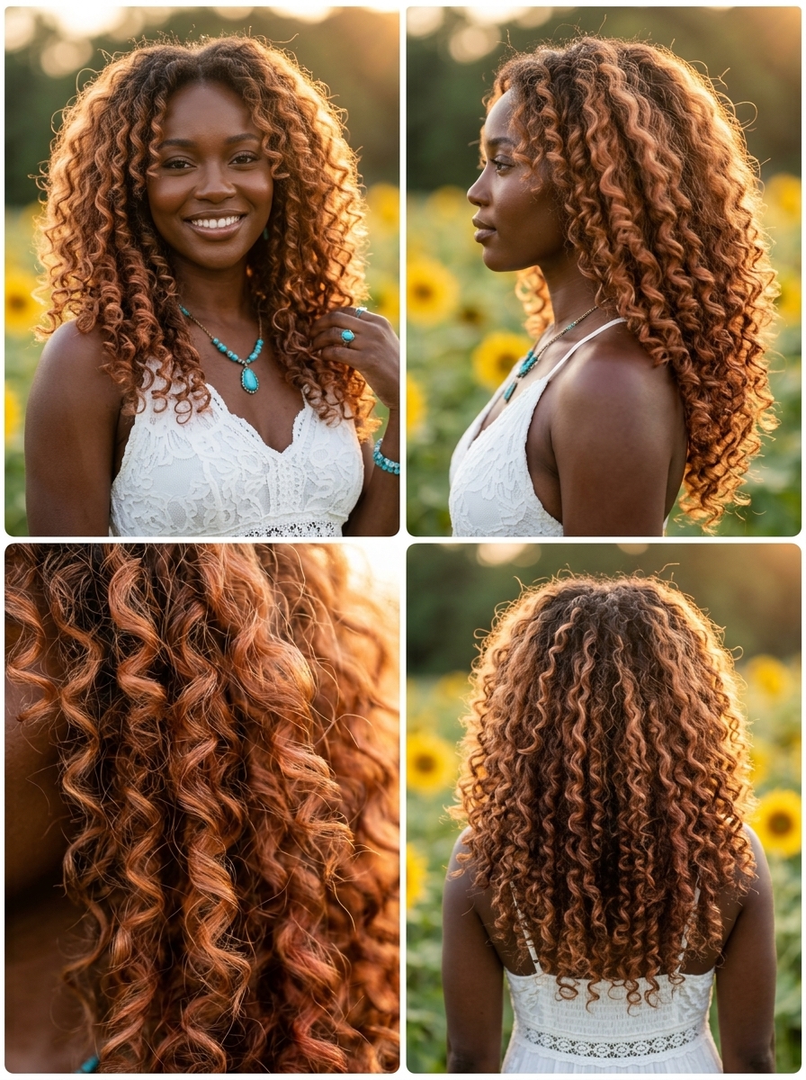 Voluminous Coil Hairstyle 2026: Apricot Crush long layered hairstyle apricot crush with strawberry blonde accents, deconstructed layers, face-framing layers — playful voluminous