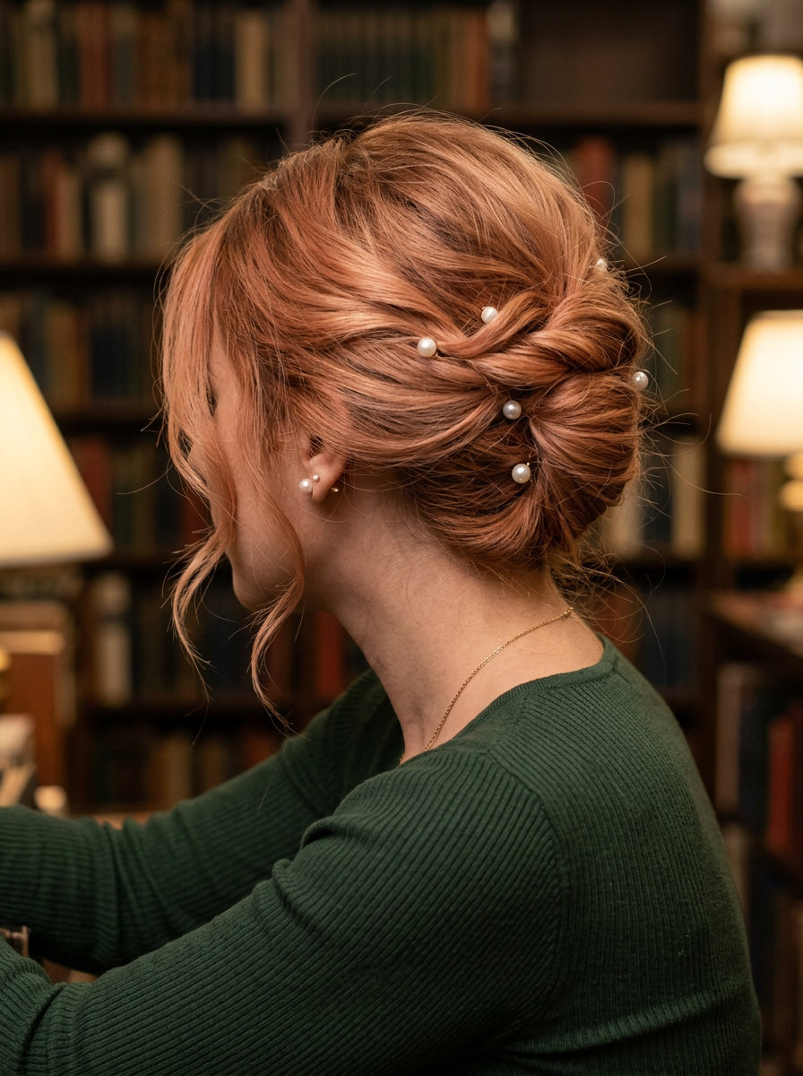 Vintage French Twist: Elegant Updo 2026 long apricot crush vintage French twist with soft copper undertones, deconstructed texture, face-framing pieces — elegant retro updo