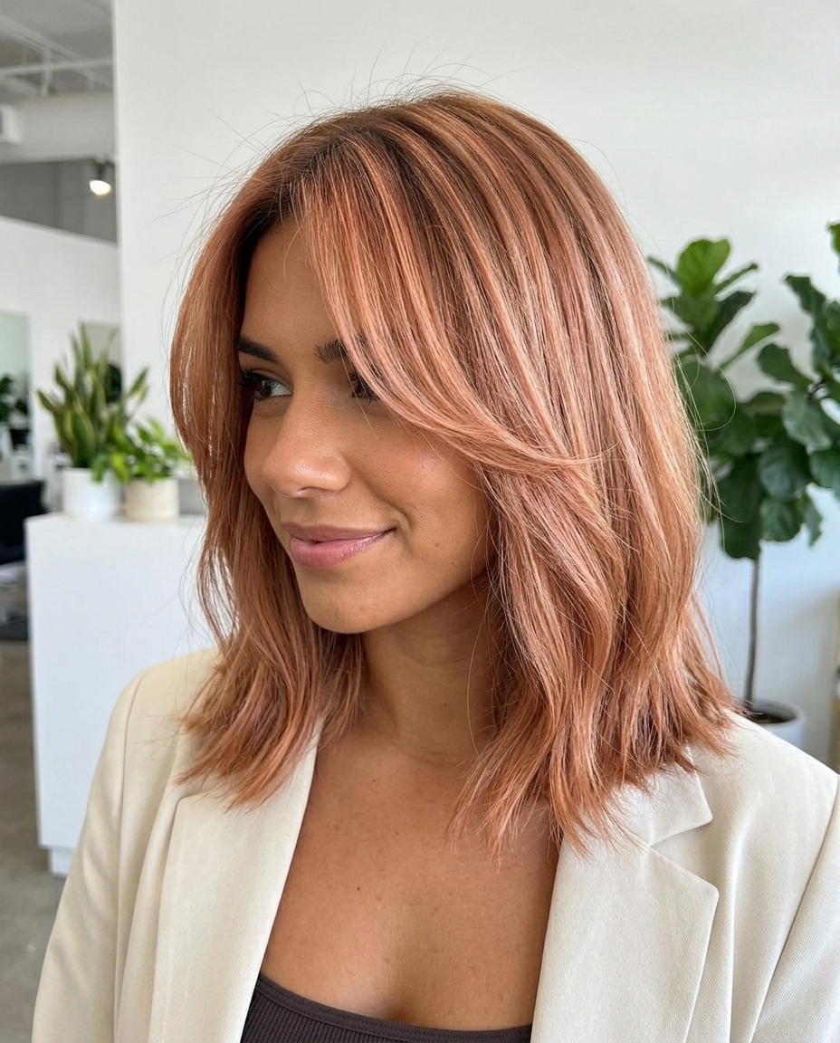 medium French lob haircut with apricot crush, strawberry blonde highlights, curtain bangs — romantic chic style