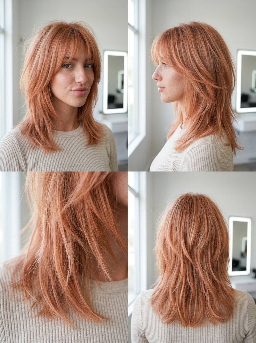 medium-length shag haircut in apricot crush with face-framing layers and wispy fringe for summer