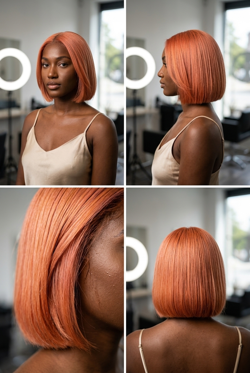 short blunt cut with apricot crush color, graphic shape and clean lines — high-fashion beach vacation look
