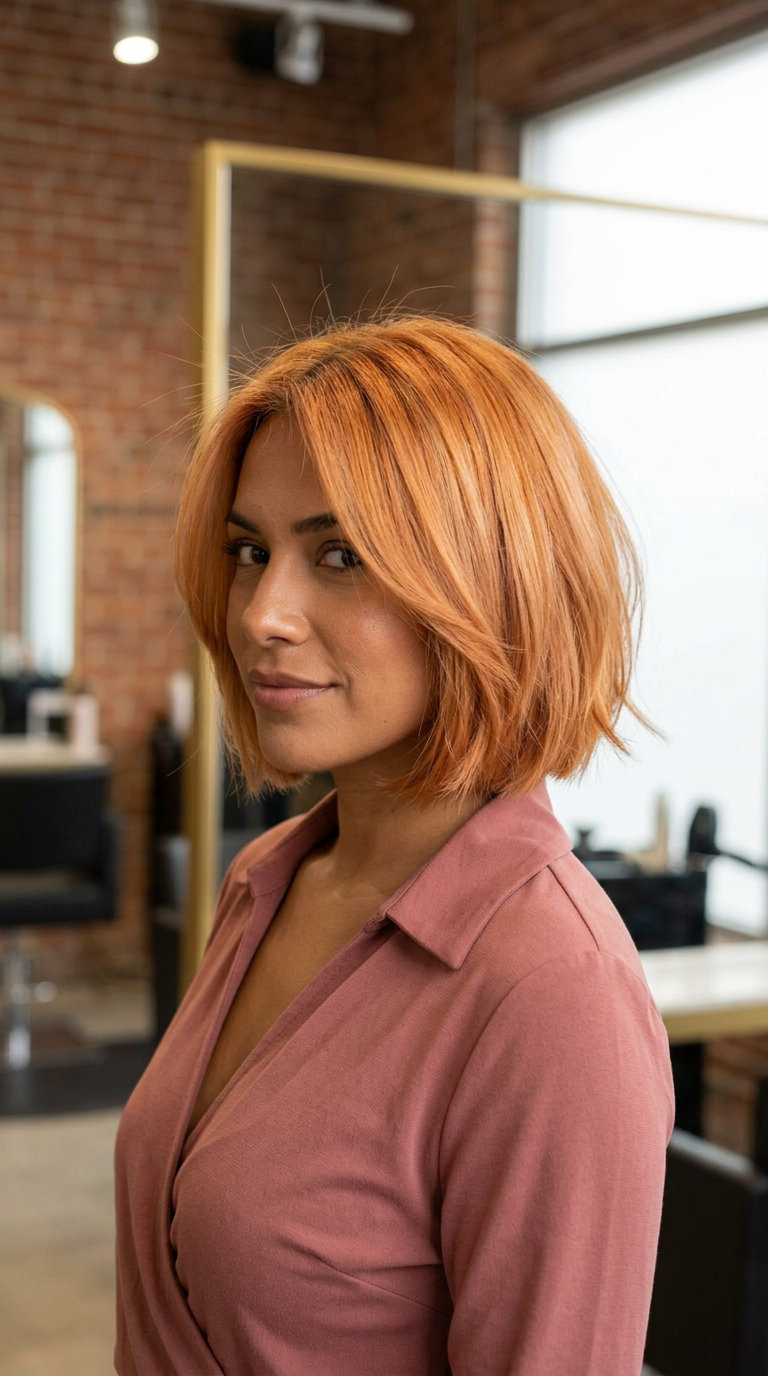 short textured bob haircut in apricot crush with internal layering and face-framing pieces for brunch