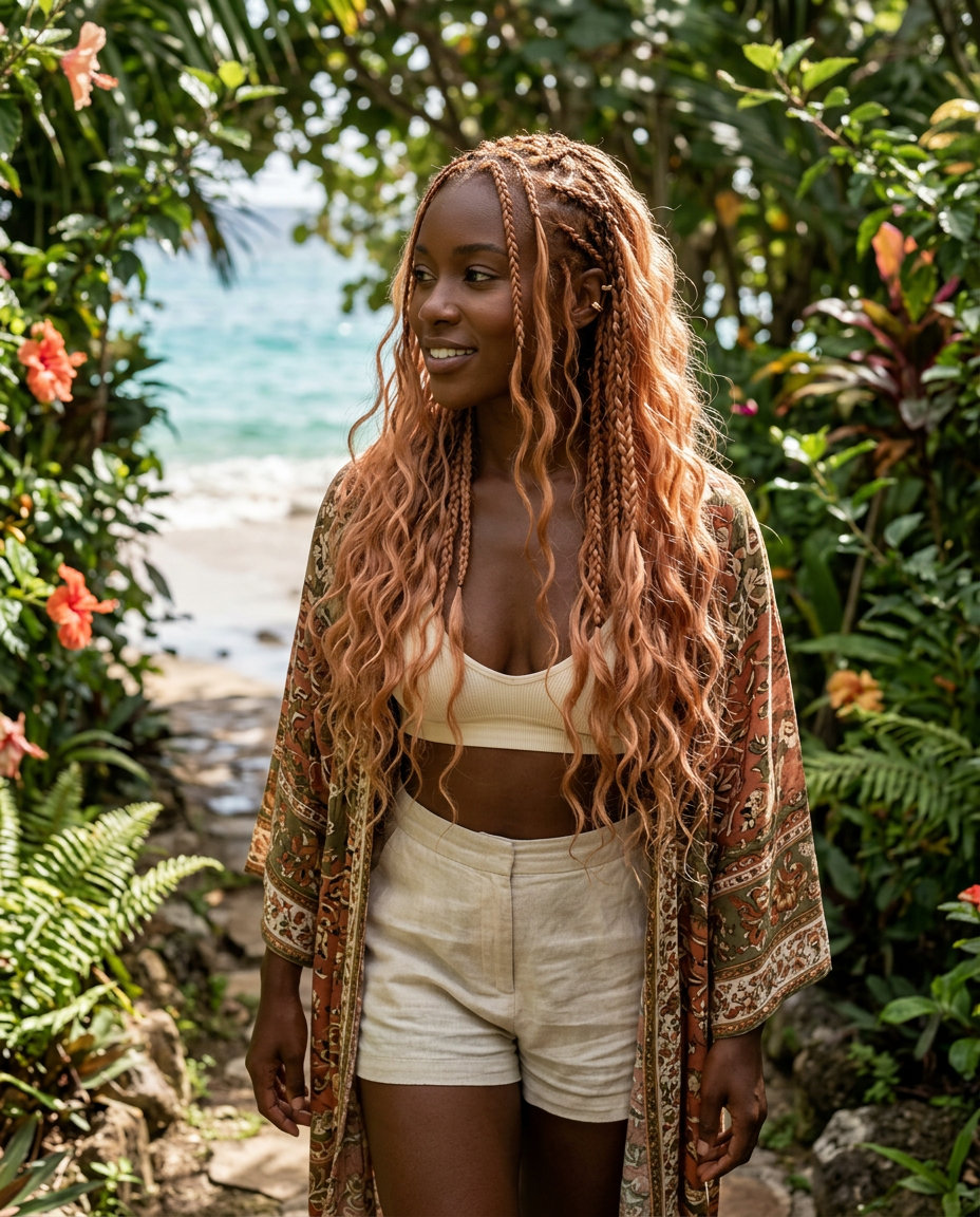 long wavy hairstyle with apricot crush and strawberry blonde tones, braided accents, no fringe — bohemian festival vibe