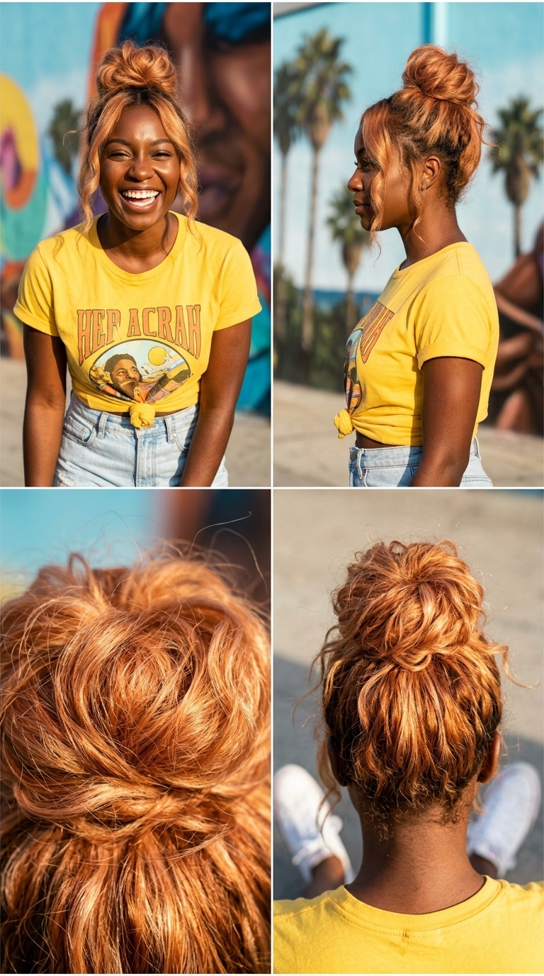 long apricot crush wavy hairstyle with copper tones, messy top knot, face-framing tendrils — playful casual