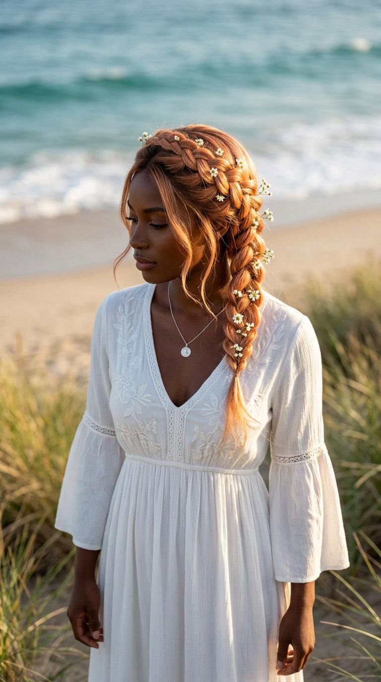 Bohemian Crown Braid: Summer Hairstyles 2026 medium medium apricot crown braid with flowers for bohemian summer festivals