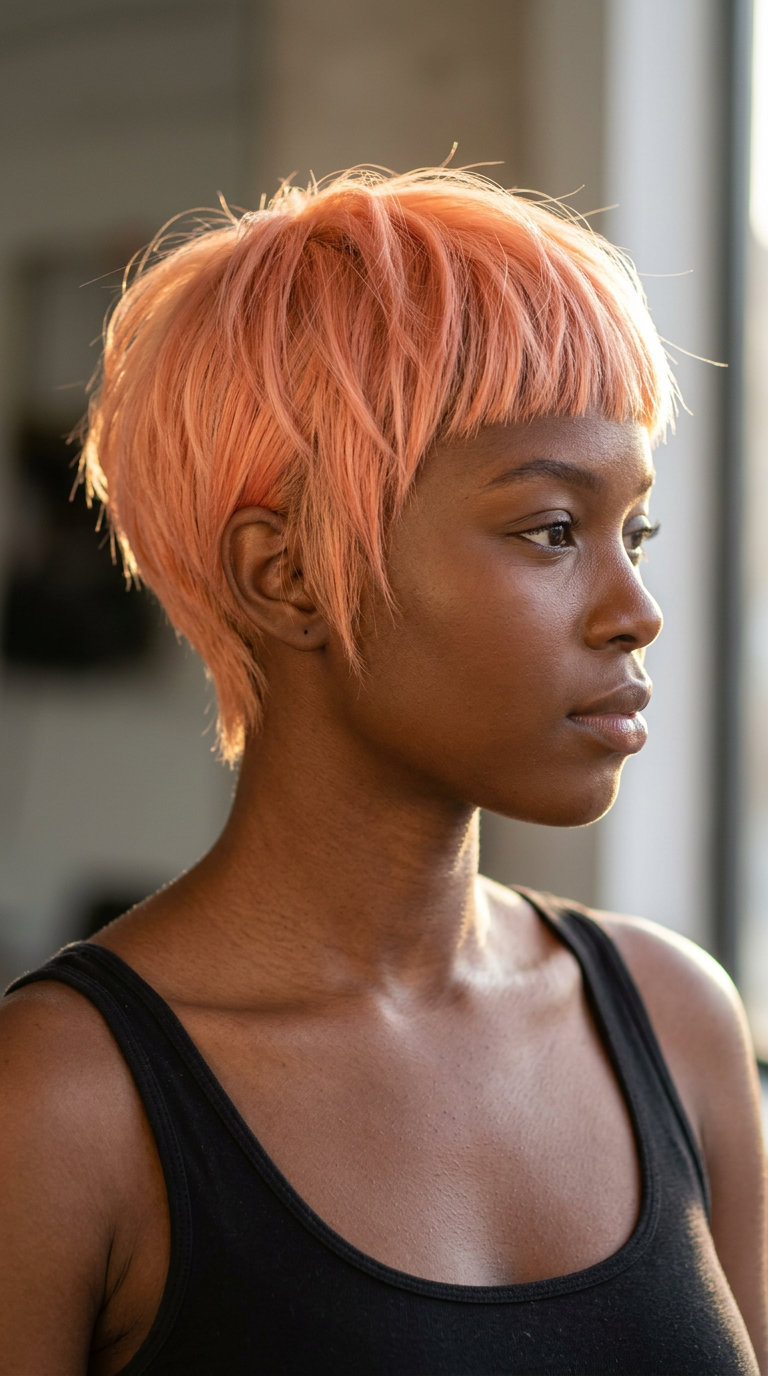 short pixie haircut in apricot orange-pink with micro-fringe and point-cut texture for playfulness