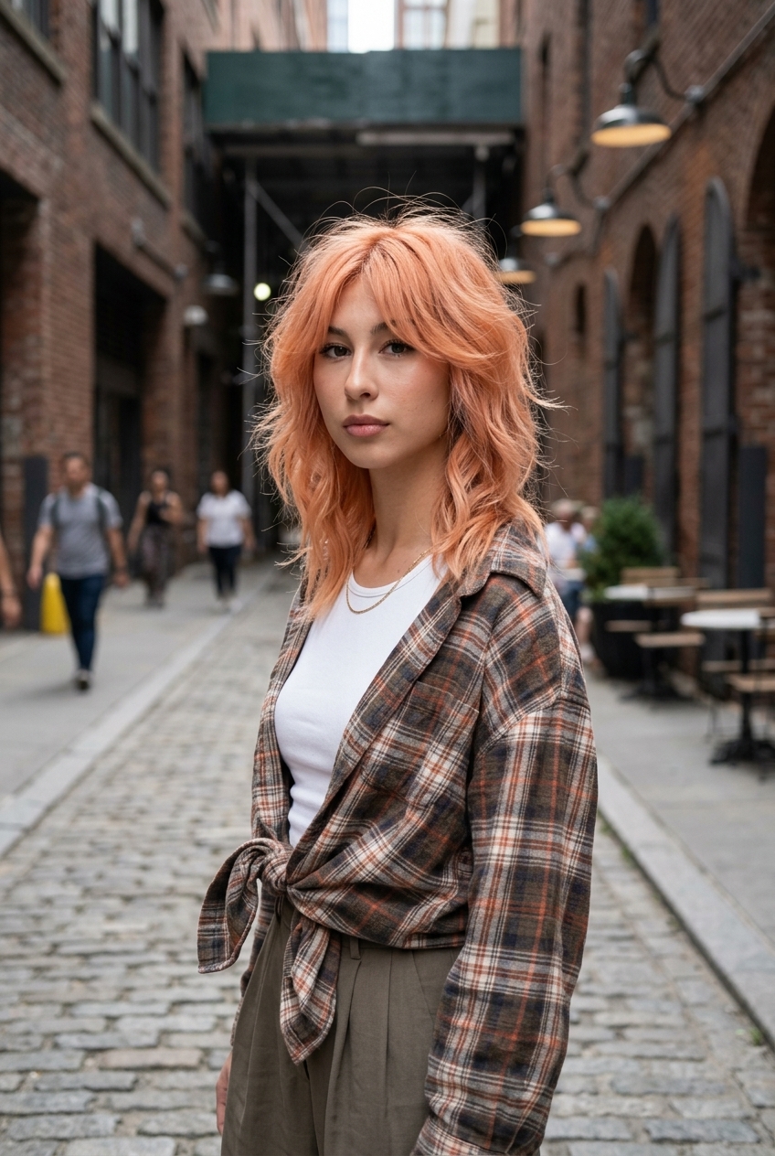 Summer Siren Shag: Apricot Peach Blonde 2026 shoulder-length apricot peach strawberry blonde shag with curtain bangs, deconstructed layers for edgy, effortless style
