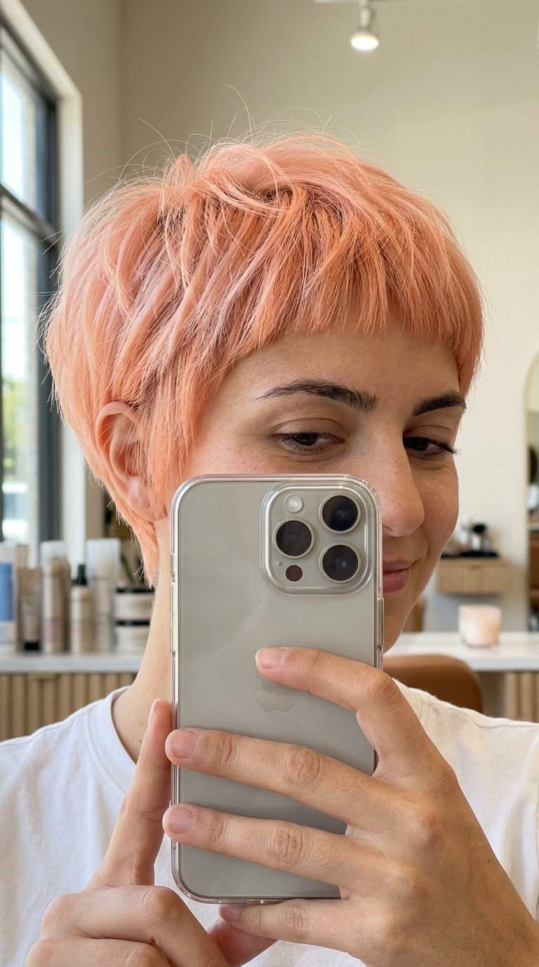 ultra-short pixie haircut with pastel orange-pink, razored layers, blunt micro bangs for daily wear