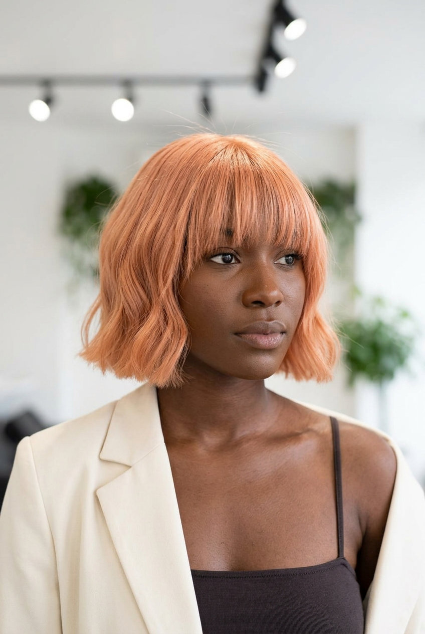 short french bob haircut in apricot crush with blunt perimeter, brow-skimming fringe, internal graduation — playful retro style