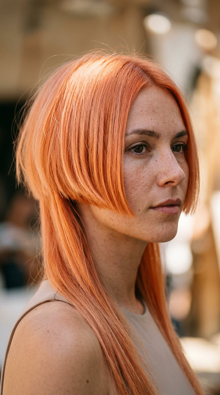 short bob with long interior layers in pastel apricot orange, uniform color, disconnected cut for festival