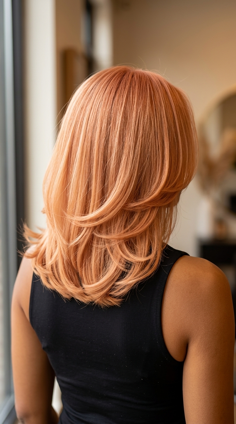 shoulder-length haircut with apricot crush and C-shaped layers, feathered ends for summer