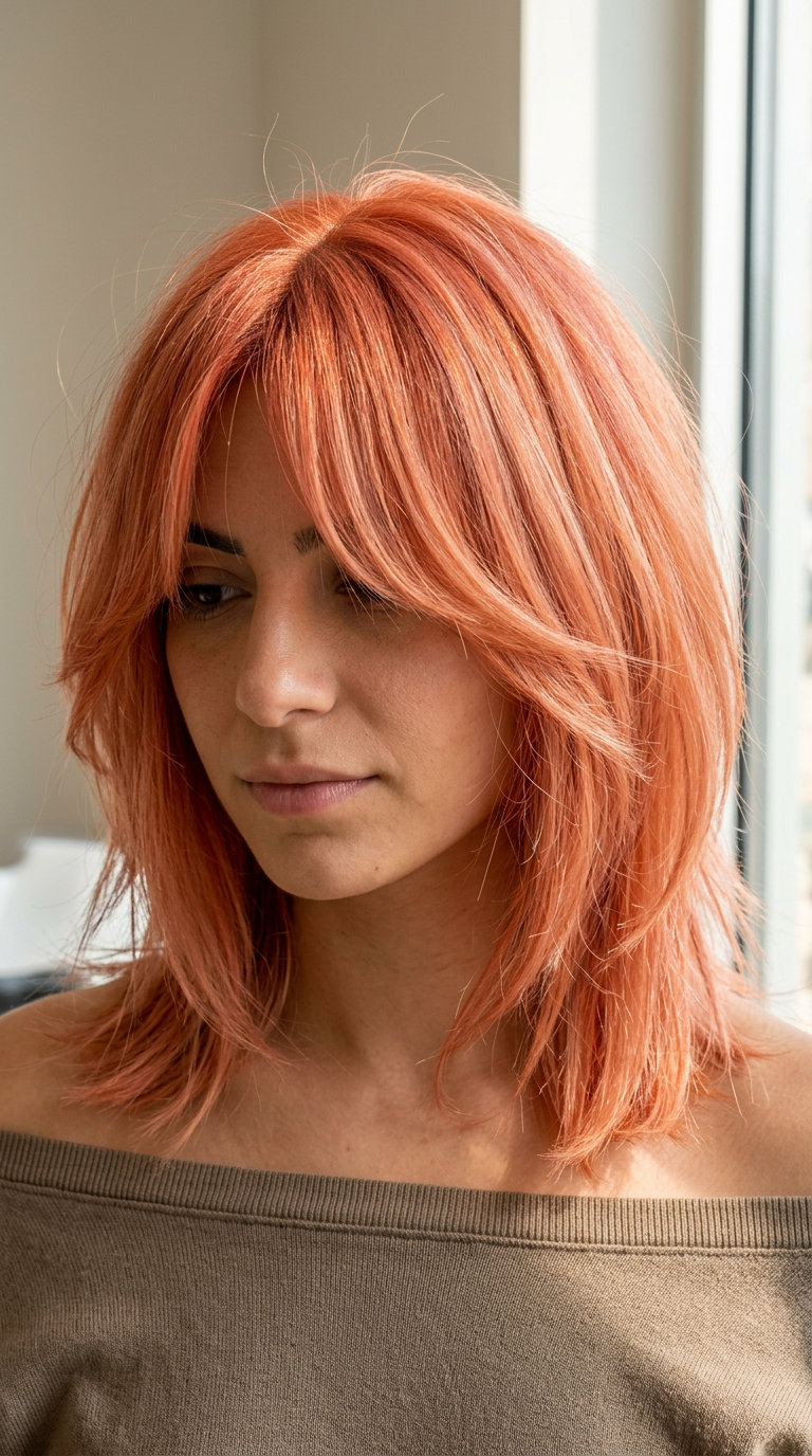 shoulder-length apricot crush shag-lob with curtain bangs and textured layers for summer