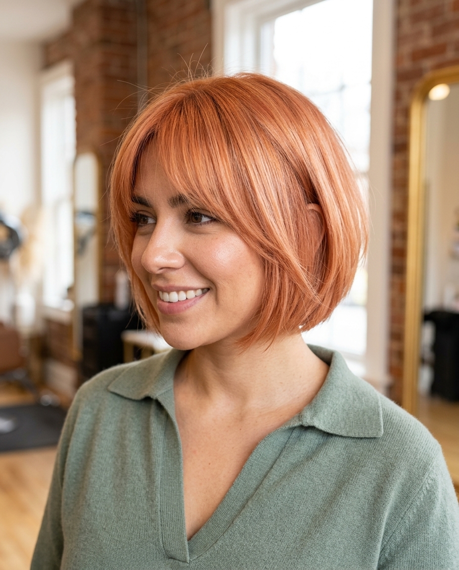 short textured bob haircut with apricot copper, strawberry blonde babylights, wispy fringe — romantic brunch