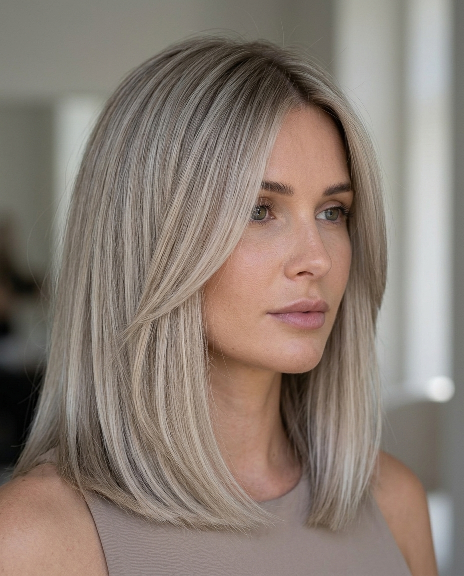 collarbone-length lob haircut in ash blonde with mushroom taupe root smudge for professional wear