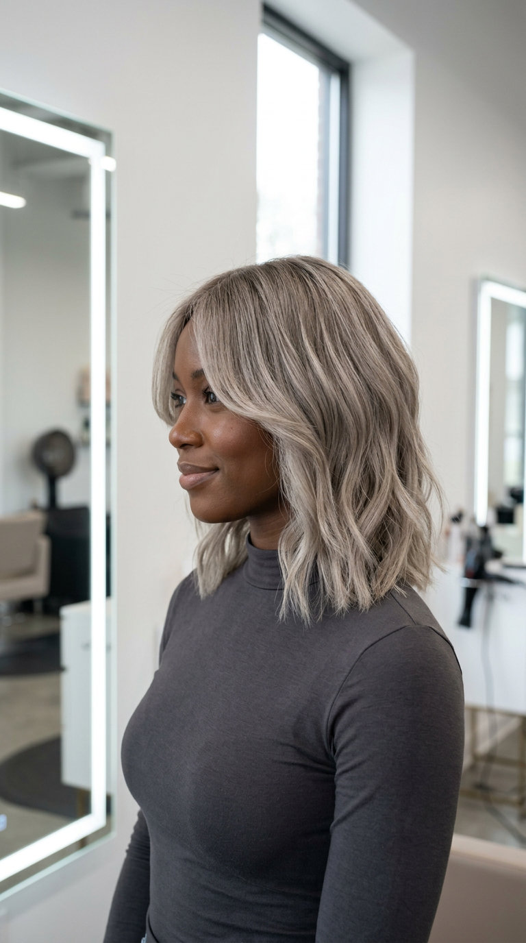 medium textured lob haircut with ash blonde, mushroom taupe base, cool beige highlights — effortless and cool