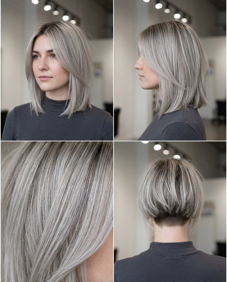 medium textured lob haircut with ash blonde, silver undertones, dark root smudge, undercut — edgy and modern