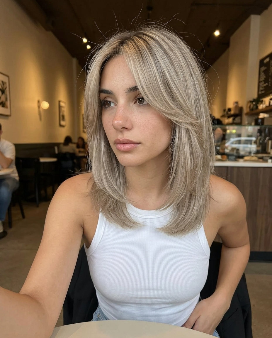 midi-length shag haircut in cool ash blonde with beige highlights and charcoal root for summer