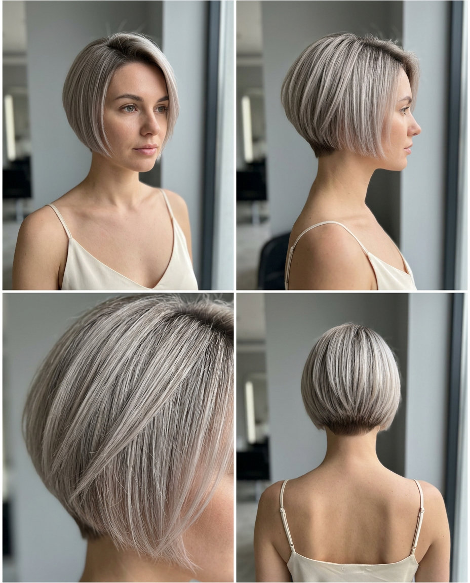 short razored bixie haircut in ash blonde with silver undertones, charcoal root — minimalist
